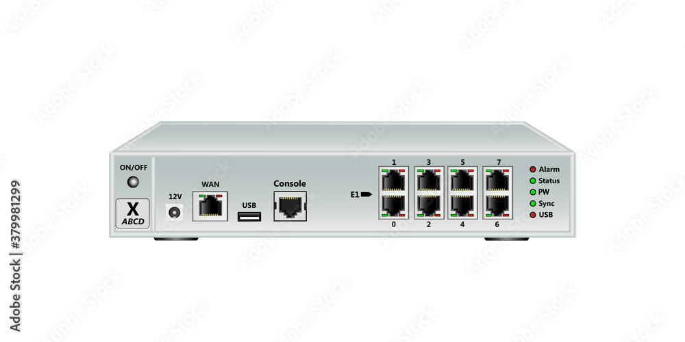 Trunking gateway E1, SIP. Has WAN port, USB port, Console port (RJ45), 8 E1 ports (RJ45). On a white