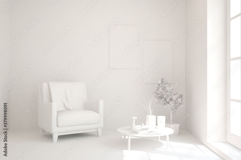 Mock up of stylish room in white color with armchair. Scandinavian interior design. 3D illustration