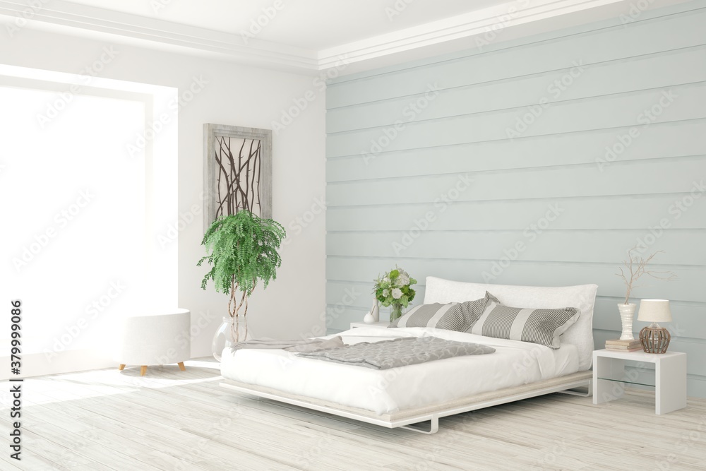 White bedroom interior. Scandinavian design. 3D illustration