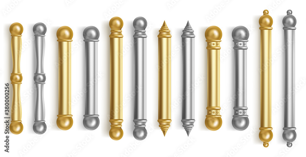 Baroque gold door handles for room interior in office or home. Vector realistic set of vintage silve