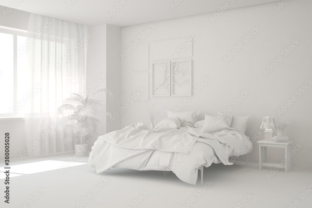 Modern bedroom in white color. Scandinavian interior design. 3D illustration