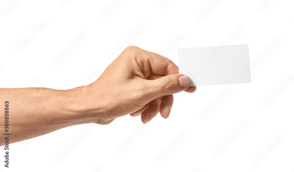 Male hand with blank business card on white background