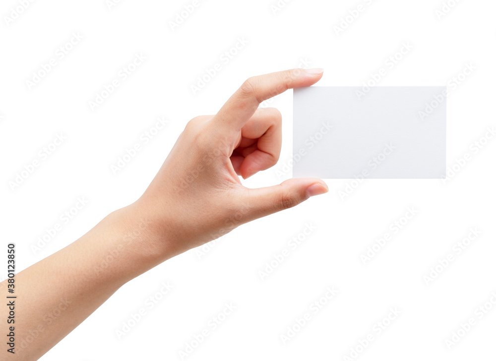 A womans hand holding a plain business card on a white background