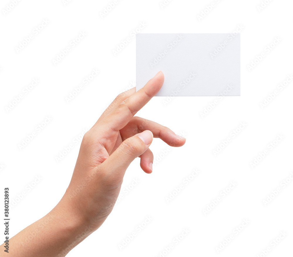 A womans hand holding a plain business card on a white background