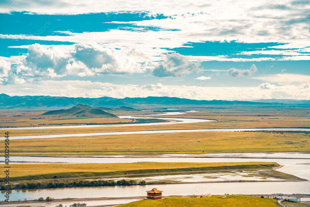 The Yellow River winding up in Ruoergai Grassland, Sichuan , autumn time.