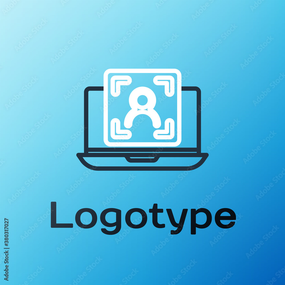 Line Laptop with face recognition icon isolated on blue background. Face identification scanner icon