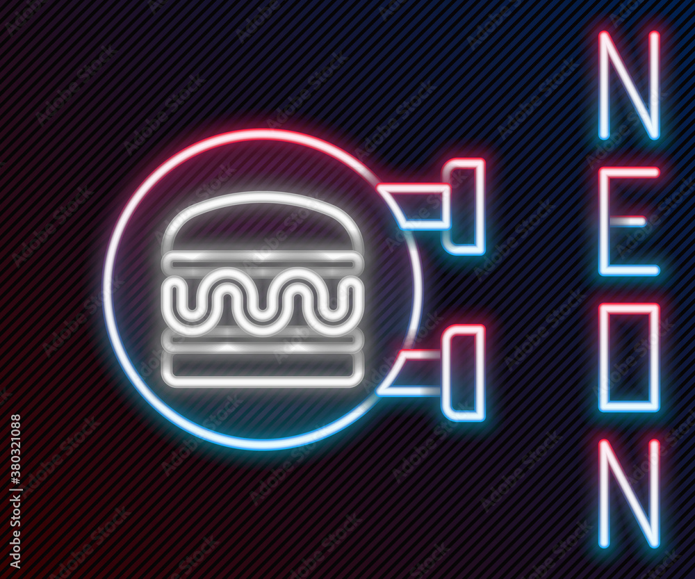 Glowing neon line Online ordering and burger delivery icon isolated on black background. Colorful ou