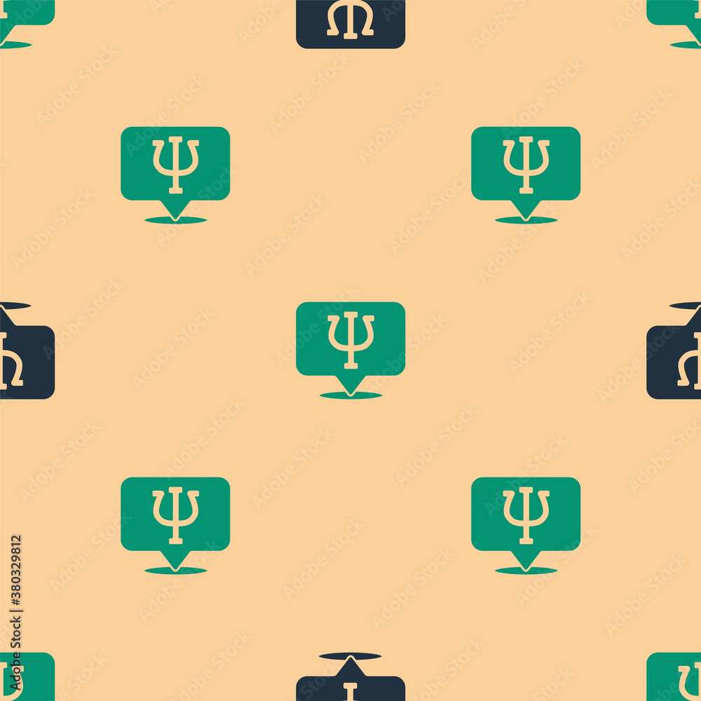 Green and black Psychology icon isolated seamless pattern on beige background. Psi symbol. Mental he