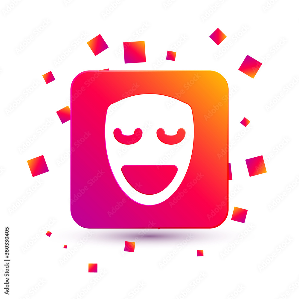 White Comedy theatrical mask icon isolated on white background. Square color button. Vector.