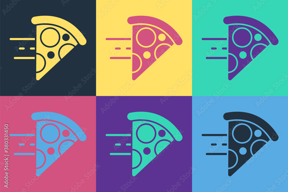 Pop art Online ordering and fast pizza delivery icon isolated on color background. Vector.