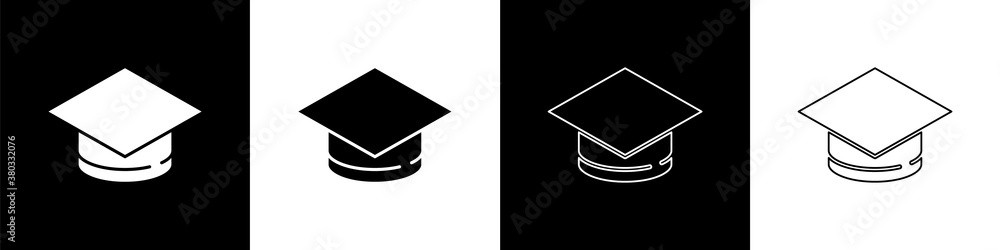 Set Graduation cap icon isolated on black and white background. Graduation hat with tassel icon. Vec