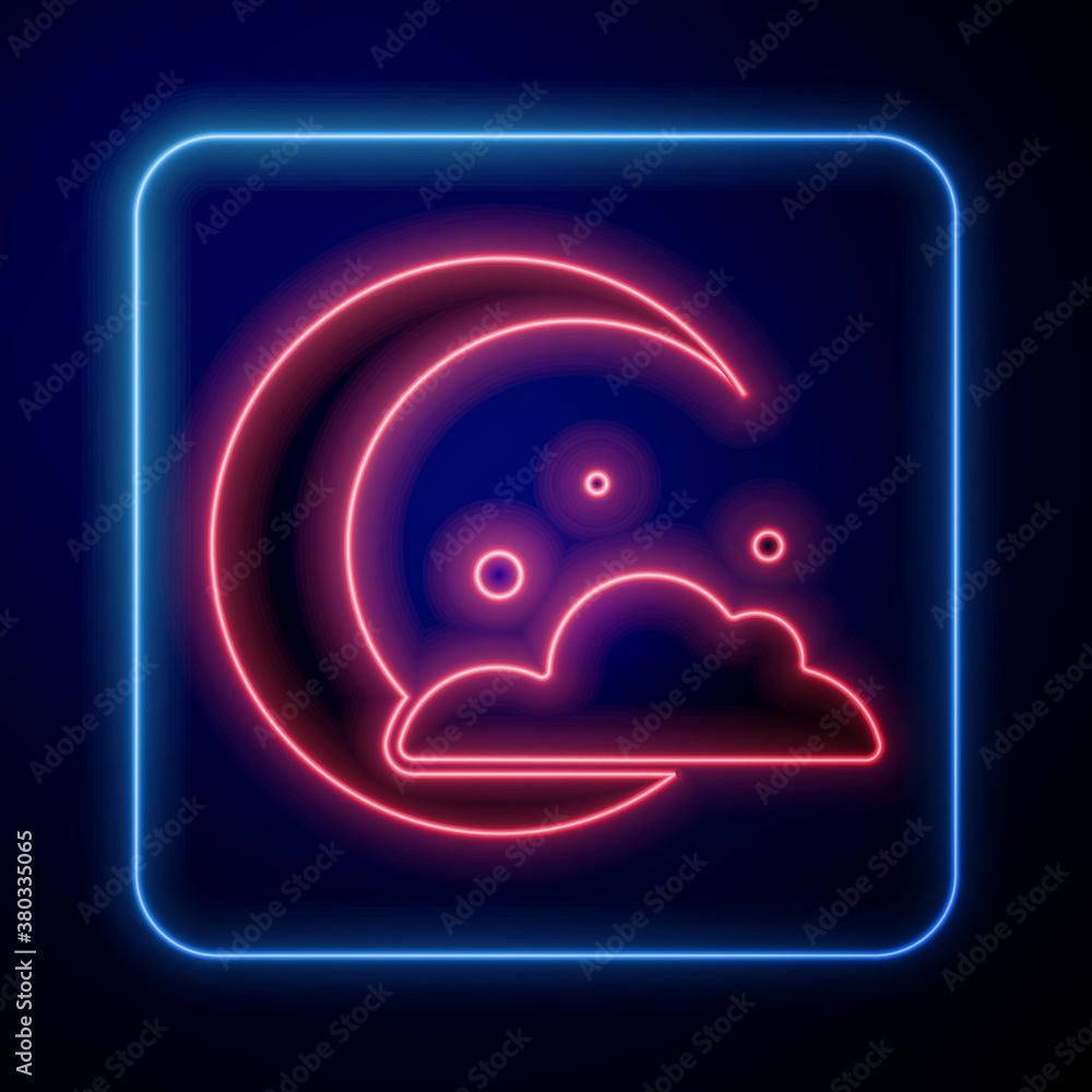 Glowing neon Moon and stars icon isolated on blue background. Cloudy night sign. Sleep dreams symbol