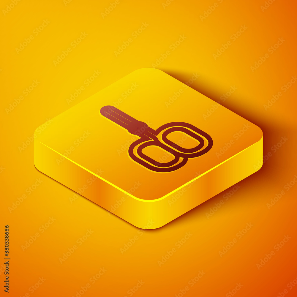 Isometric line Nail scissors cuticle cut beauty salon icon isolated on orange background. Cosmetic s