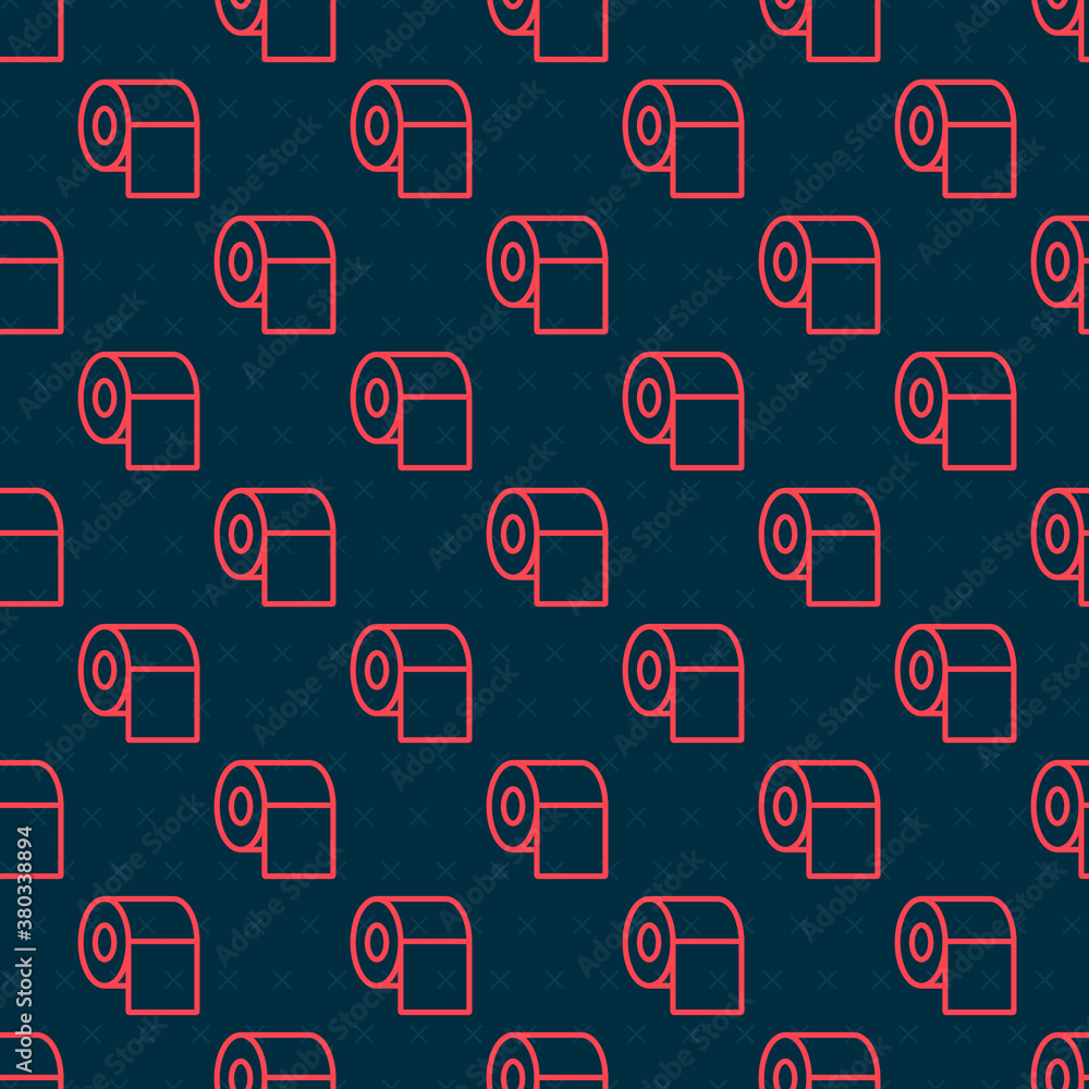 Red line Toilet paper roll icon isolated seamless pattern on black background. Vector.