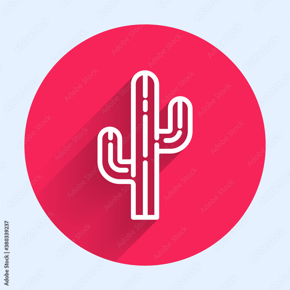 White line Cactus icon isolated with long shadow. Red circle button. Vector.