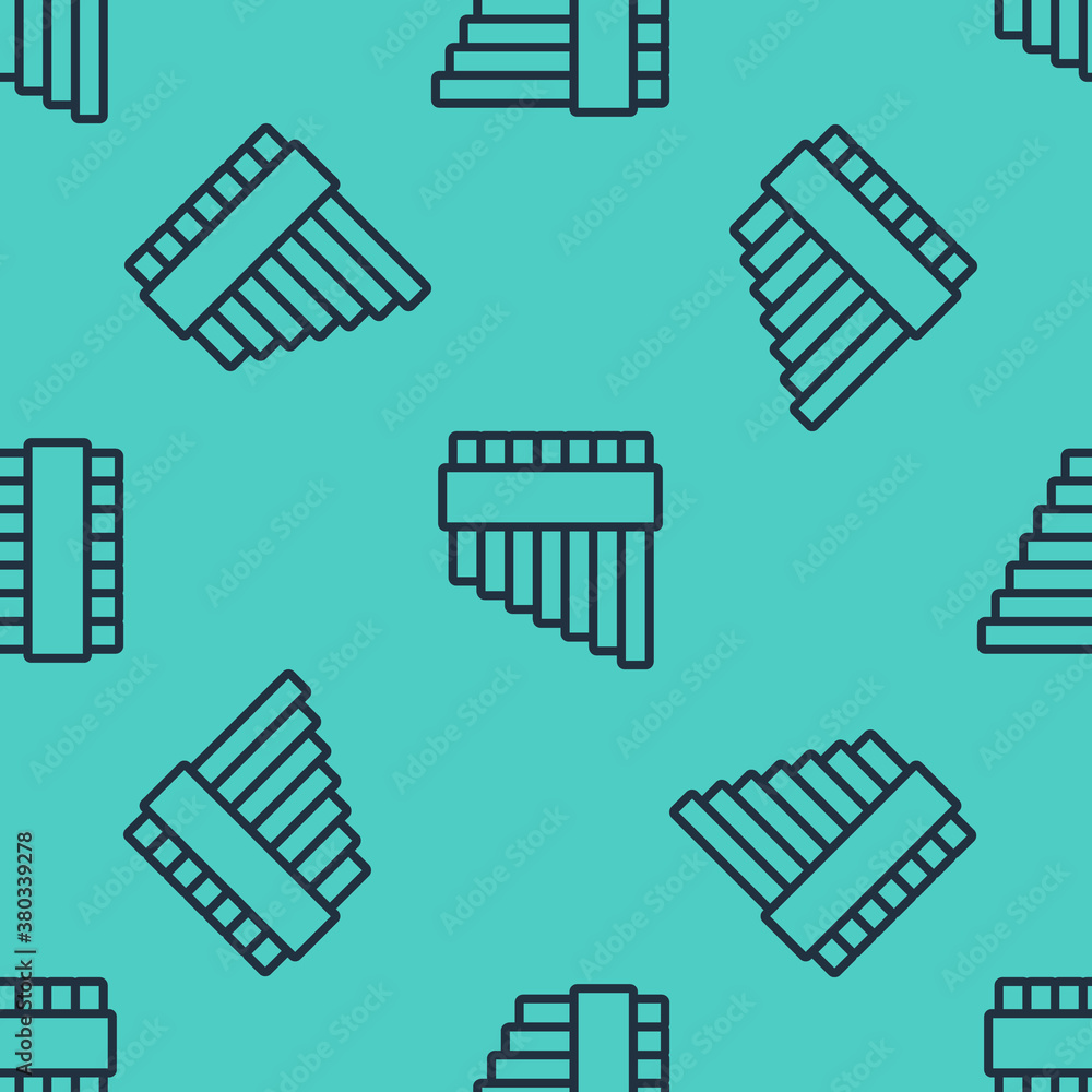 Black line Pan flute icon isolated seamless pattern on green background. Traditional peruvian musica