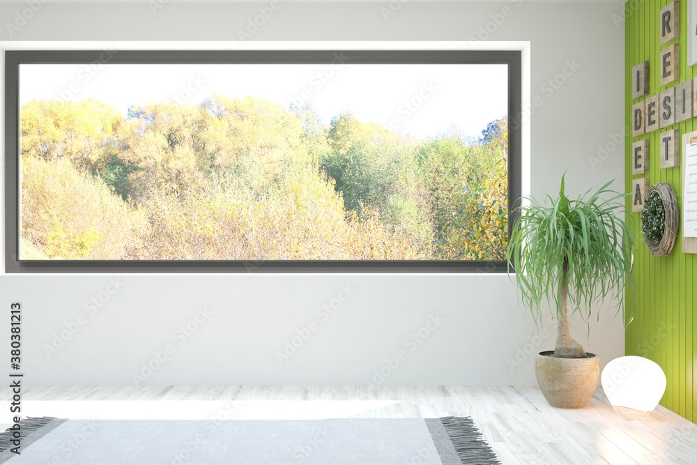 Stylish empty room in white color with autumn landscape in window. Scandinavian interior design. 3D 