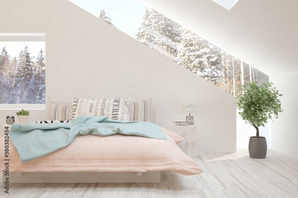 Stylish bedroom in white color with winter landscape in window. Scandinavian interior design. 3D ill