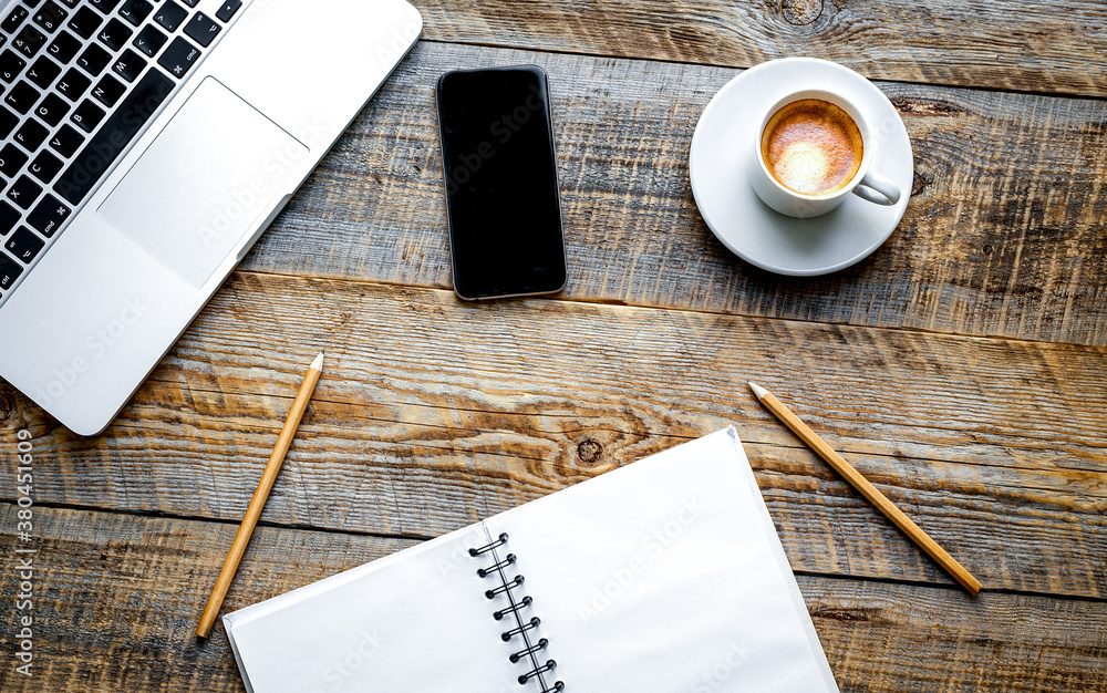 Mans working place at wooden table - nobody