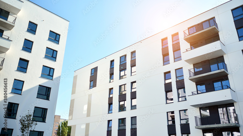 Architectural details of modern apartment building. Modern european residential apartment building c