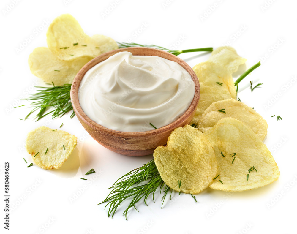 potato chips and bowl of sour cream dip