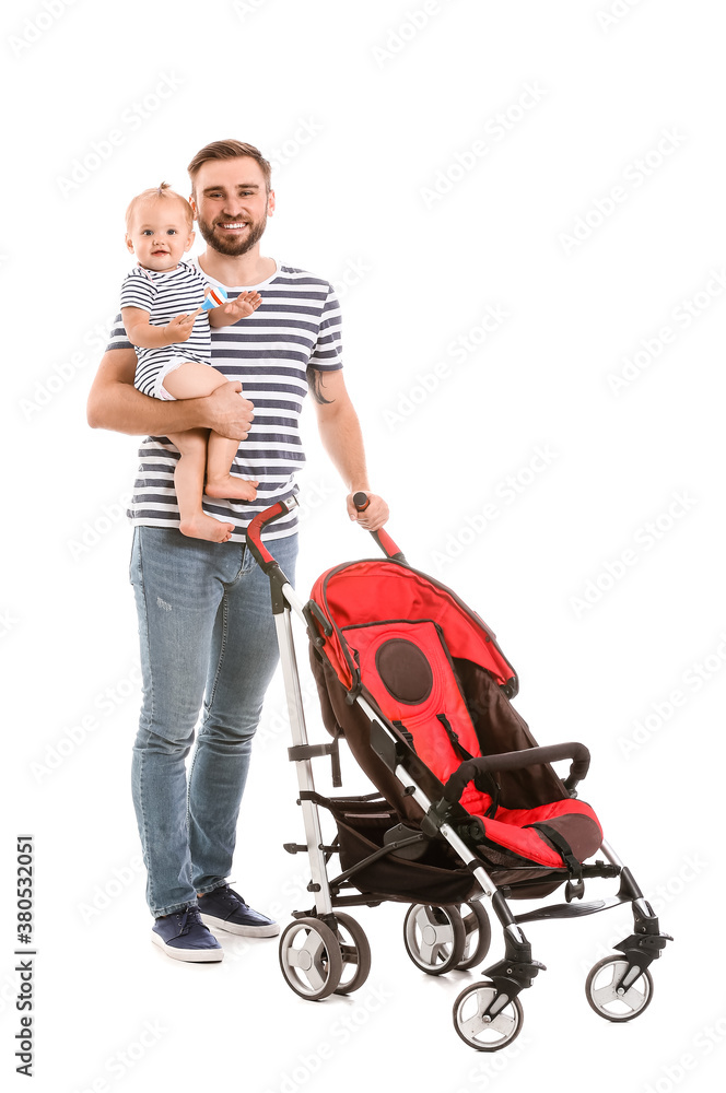 Father and his cute baby in stroller on white background