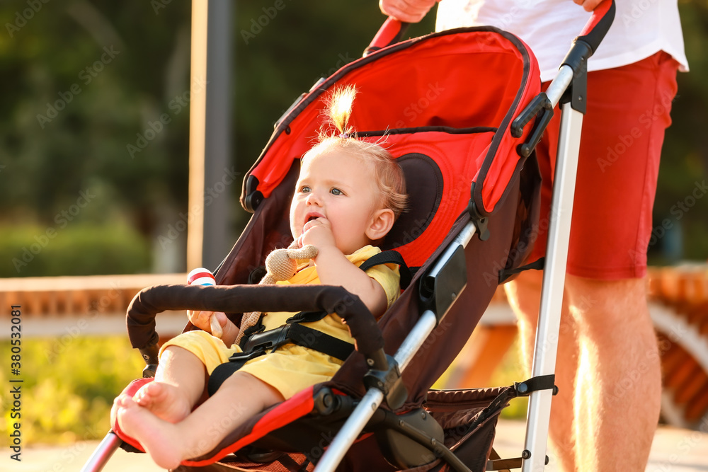 Man and his cute baby in stroller outdoors