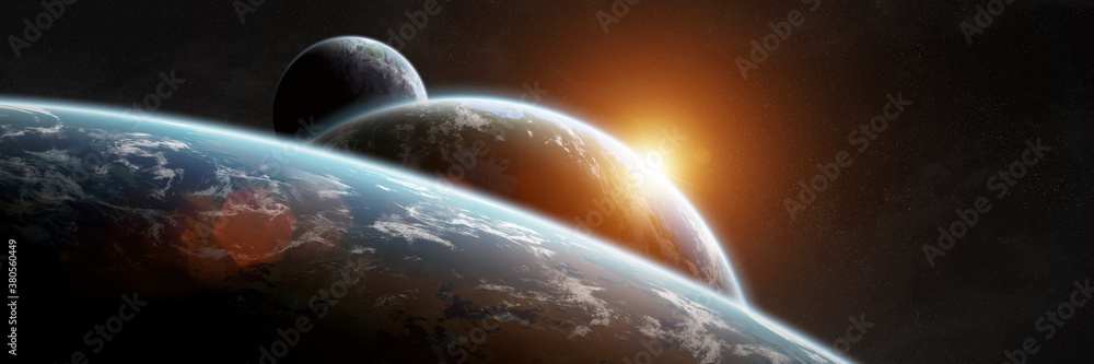 Panoramic space planets background. Panorama of distant solar system with exoplanets 3D rendering el