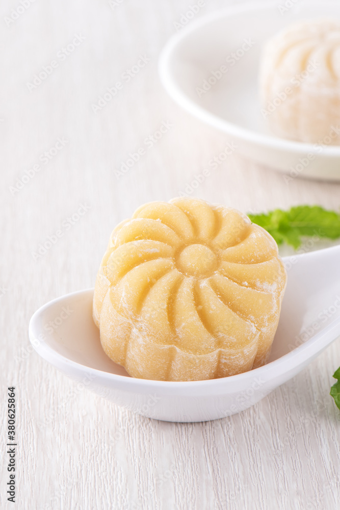 Colorful snow skin moon cake, sweet snowy mooncake, traditional savory dessert for Mid-Autumn Festiv