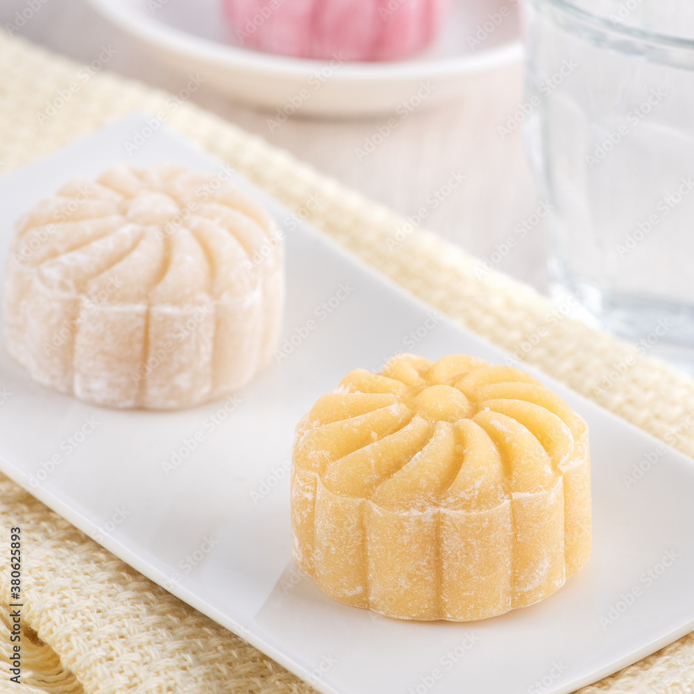 Colorful snow skin moon cake, sweet snowy mooncake, traditional savory dessert for Mid-Autumn Festiv