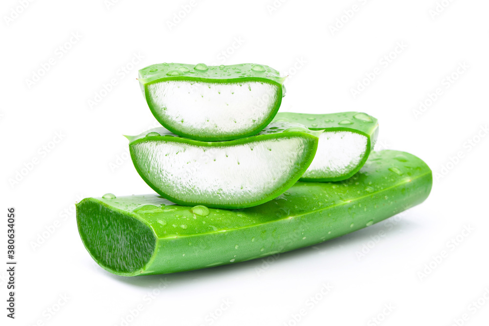 Aloe vera sliced with water droplets  isolated on white background.