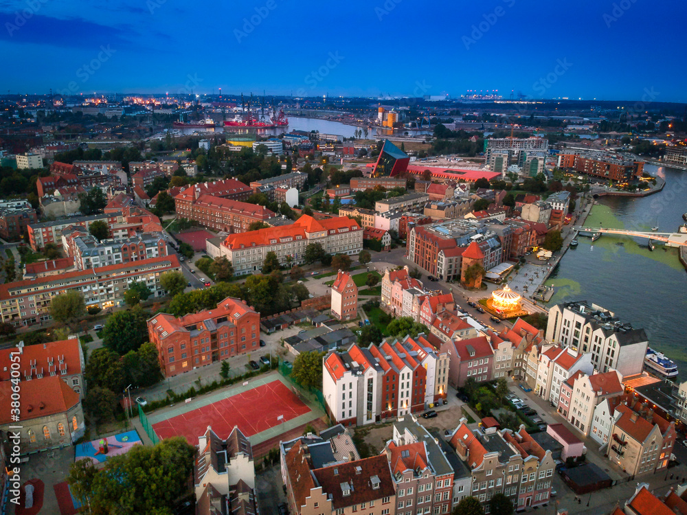 Aerial view of the old town in Gdansk with amazing architecture at sunset, Poland