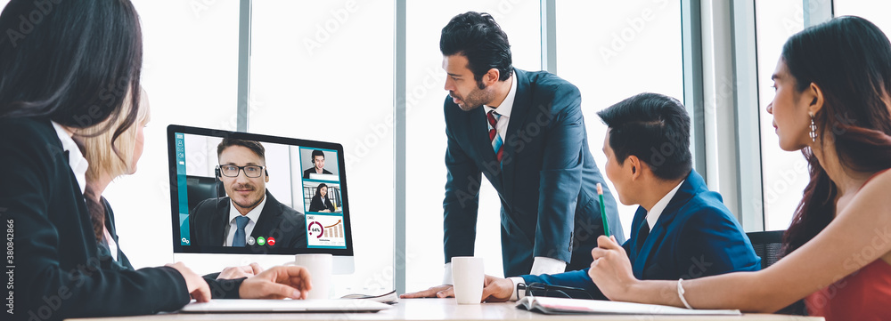 Video call group business people meeting on virtual workplace or remote office. Telework conference 