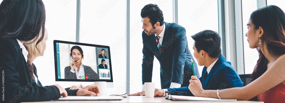 Video call group business people meeting on virtual workplace or remote office. Telework conference 