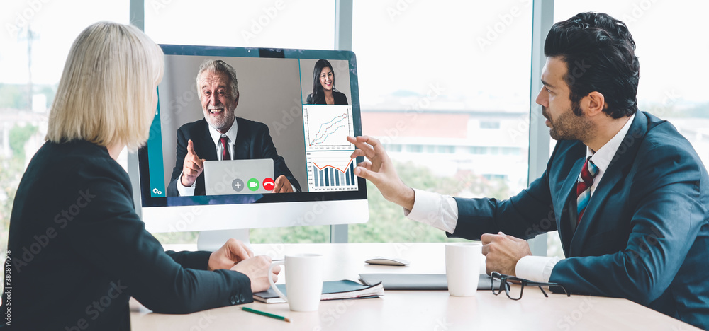 Video call group business people meeting on virtual workplace or remote office. Telework conference 