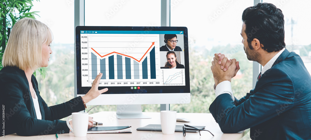 Video call group business people meeting on virtual workplace or remote office. Telework conference 