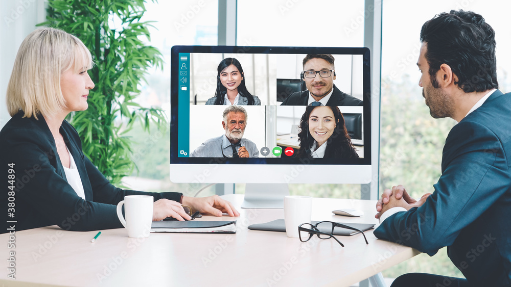 Video call group business people meeting on virtual workplace or remote office. Telework conference 