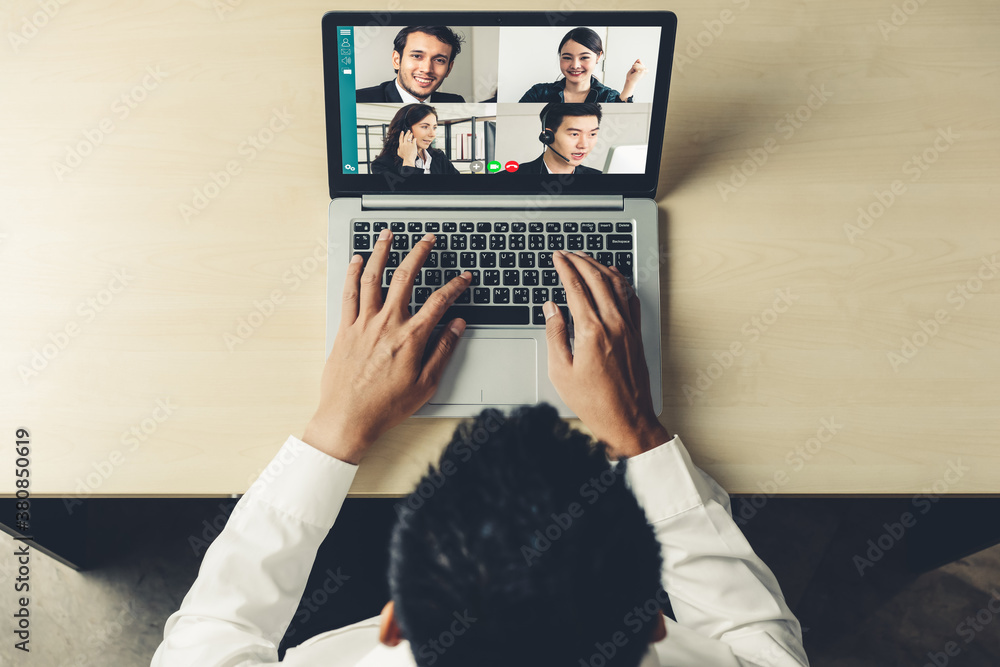 Video call business people meeting on virtual workplace or remote office. Telework conference call u