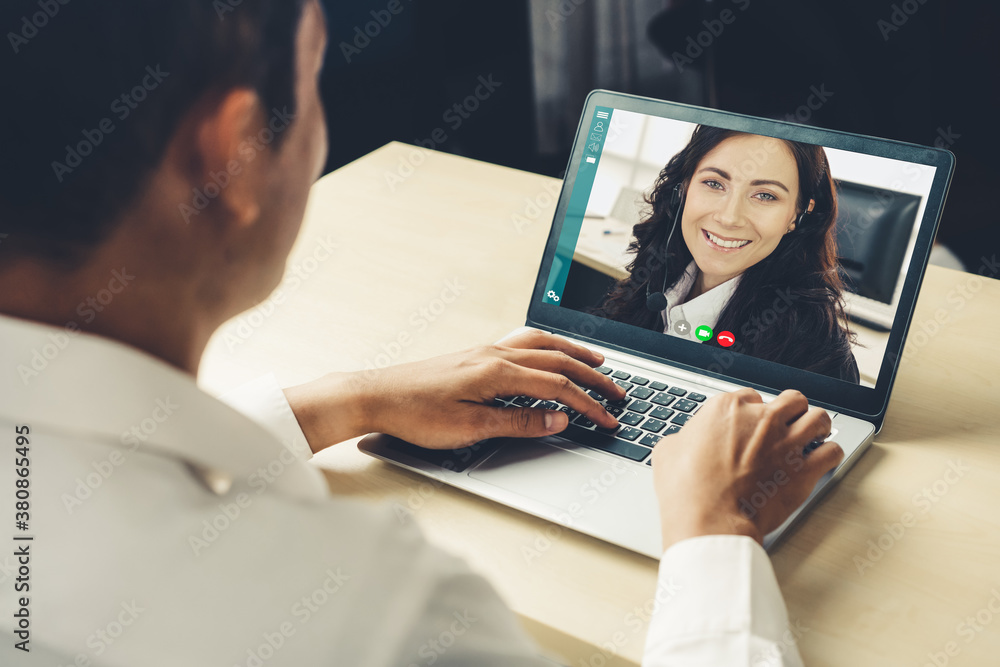 Video call business people meeting on virtual workplace or remote office. Telework conference call u