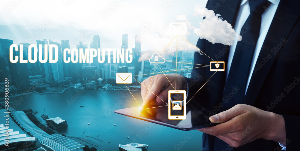 Cloud computing technology and online data storage for global data sharing. Computer connects to int