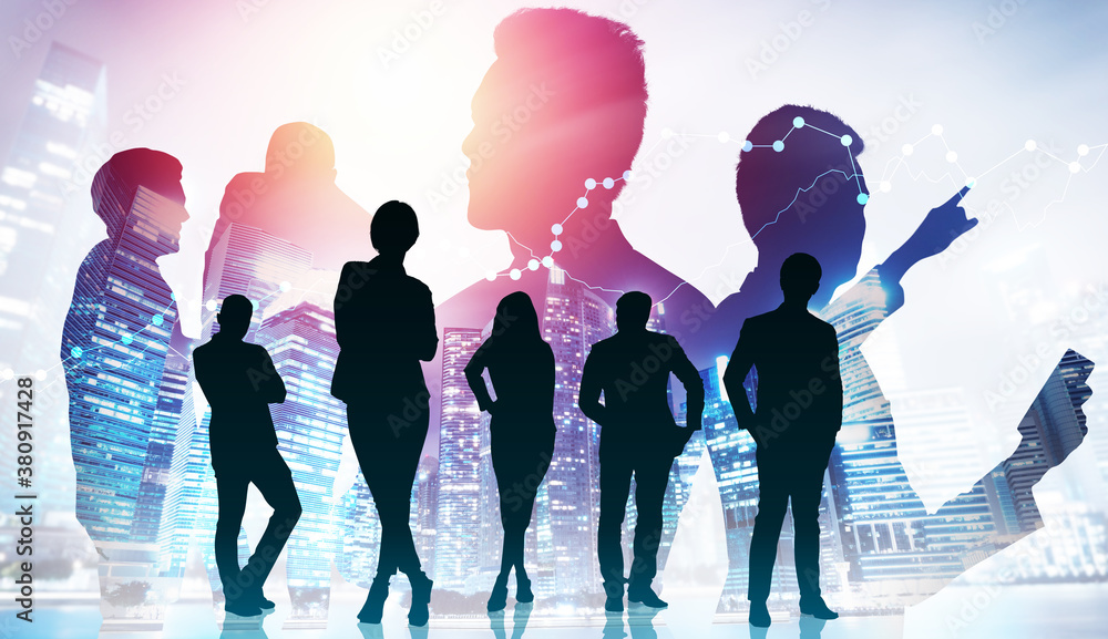 Abstract image of many business people together in group on background of city view with office buil