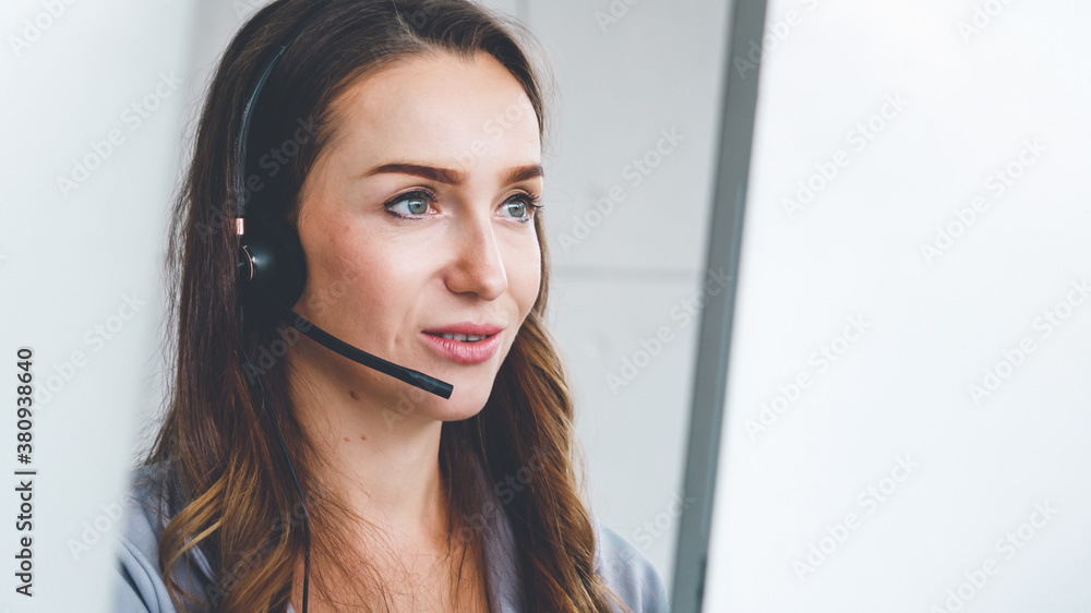 Business people wearing headset working in office to support remote customer or colleague. Call cent