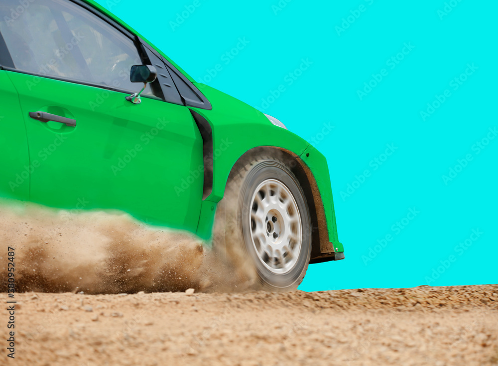 Rally racing car on dirt road, with clipping path