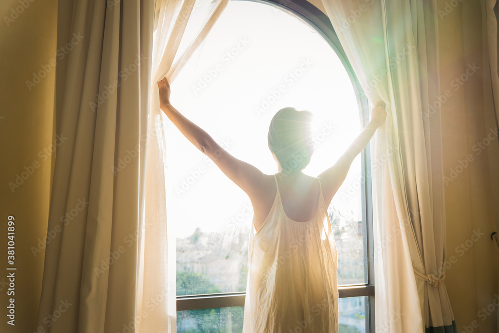 Asian beautiful woman with short hair wakes up early morning