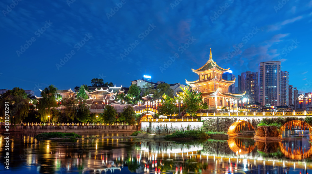 Guiyang, China skyline at Jiaxiu Pavilion on the Nanming River.