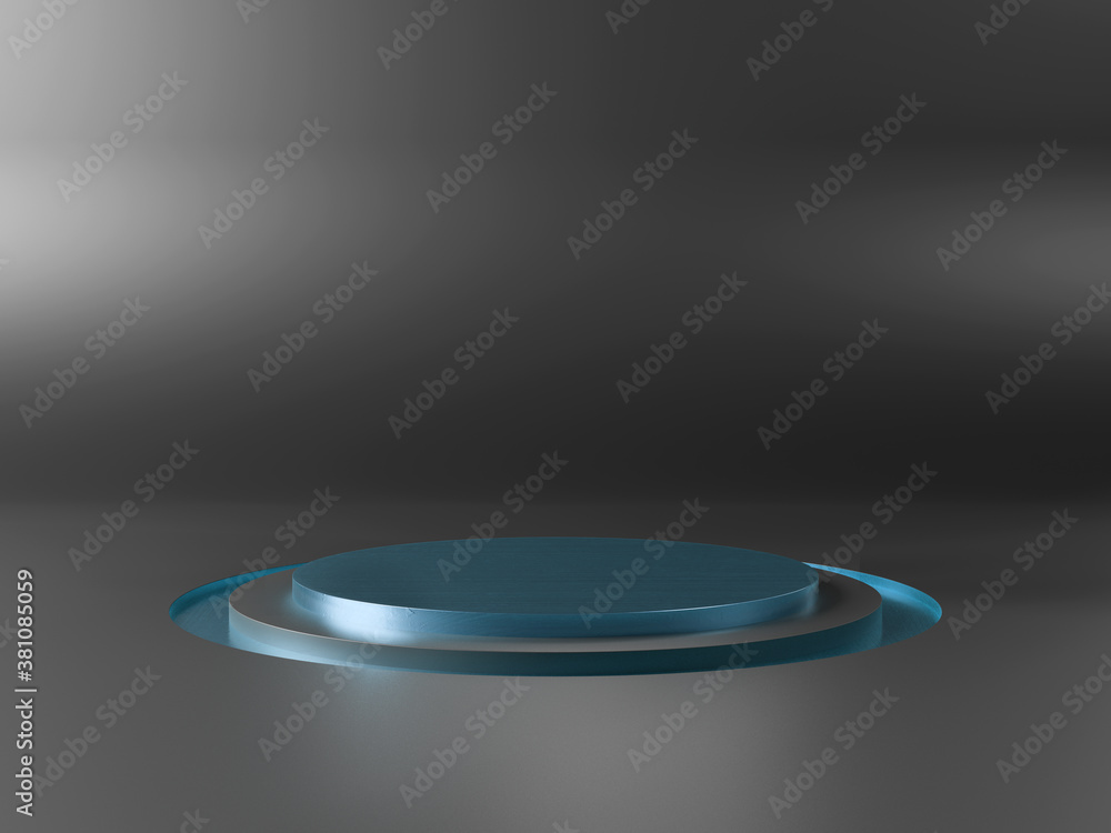 Stage podium on black background background. Mockup of empty circular platform. Abstract geometric p