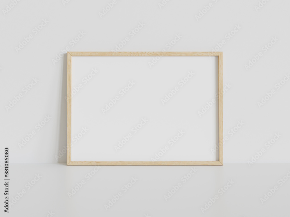 Wooden frame leaning on white floor in interior mockup. Template of a picture framed on a wall 3D re