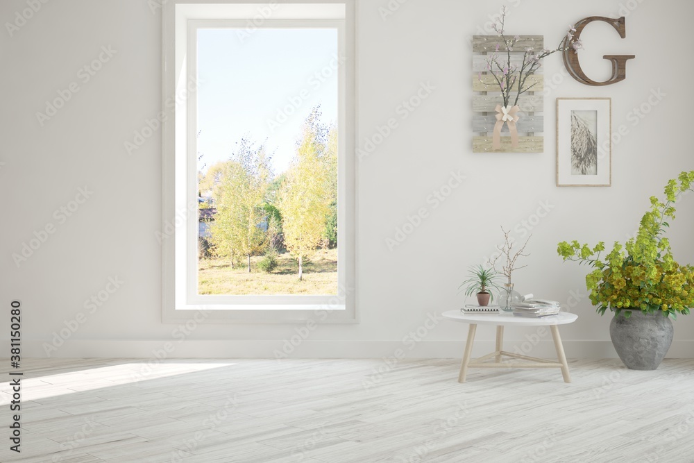 Stylish empty room in white color with autumn landscape in window. Scandinavian interior design. 3D 