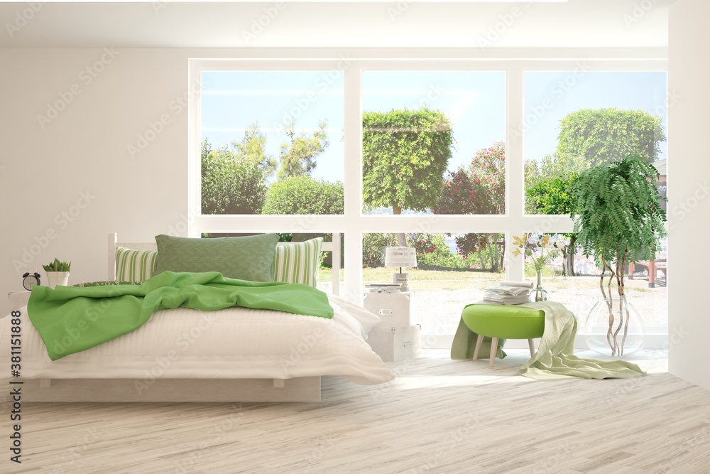 Stylish bedroom in white color with summer landscape in window. Scandinavian interior design. 3D ill