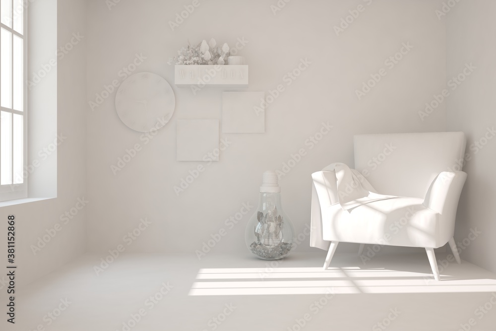 Mock up of stylish room in white color with armchair. Scandinavian interior design. 3D illustration